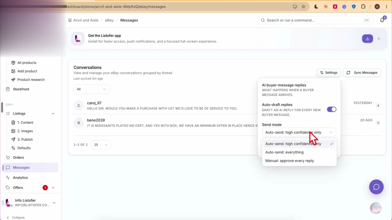 Screenshot from the Listofer buyer messages tutorial