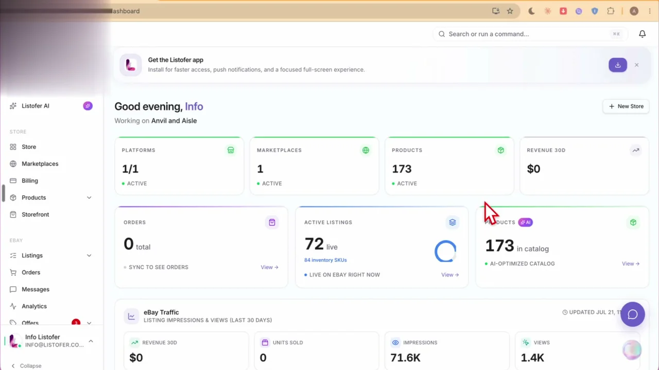 Screenshot from the Listofer dashboard overview tutorial