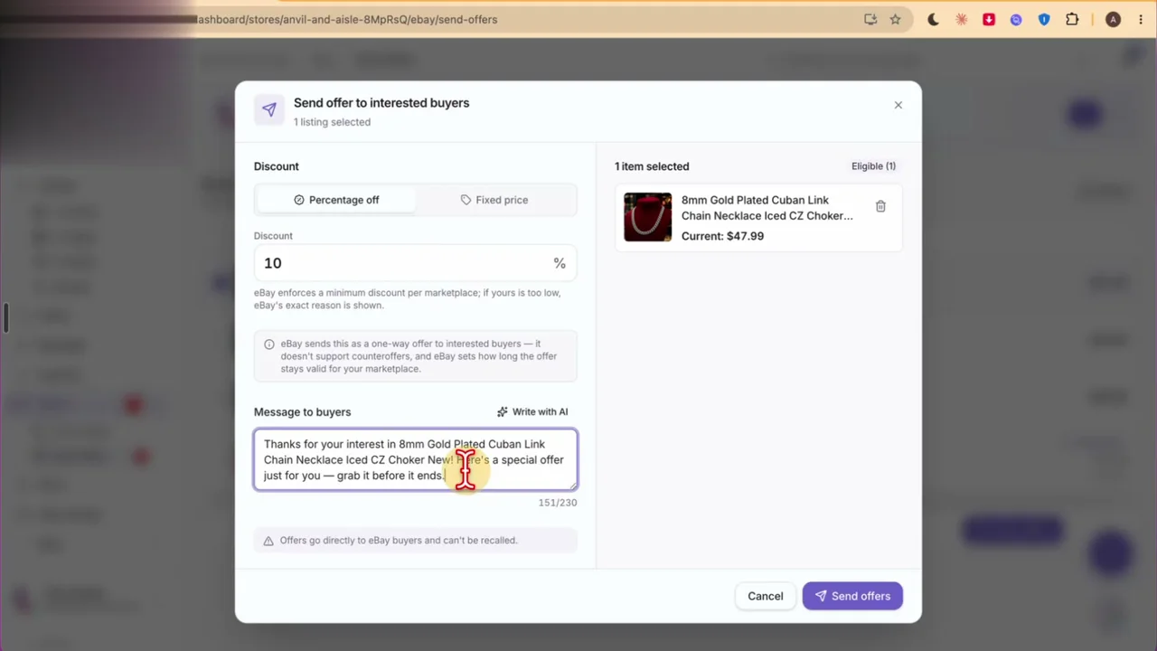 Screenshot from the Listofer send offers tutorial